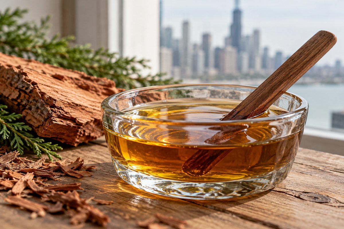 Dense botanical cedarwood oil in glass testing bowl