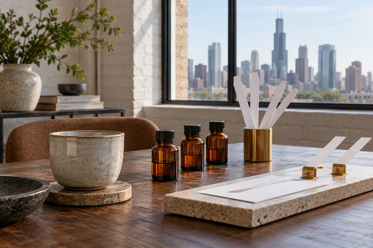 Client botanical fragrance consultation table with paper blotter strips