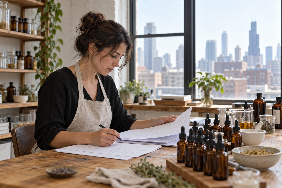 Studio formulator Irina Petrova reviewing botanical batch log at workbench