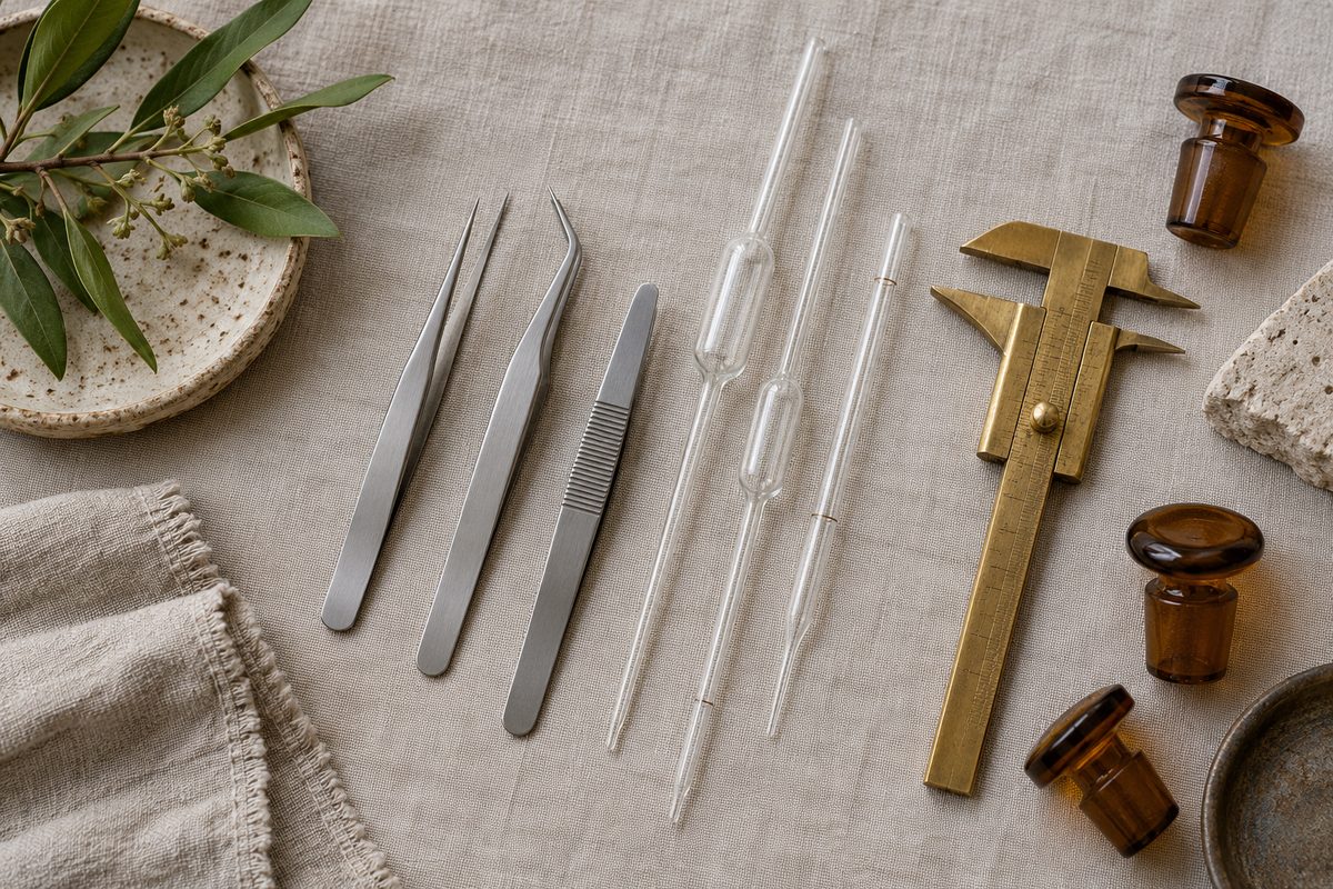 Botanical formulation tools and glass pipettes laid out on linen