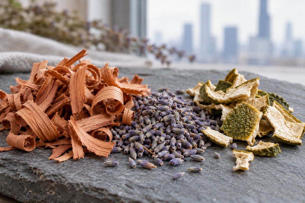 Raw botanical distillation materials arranged on grey slate